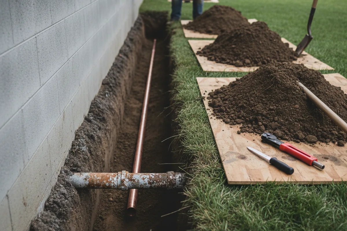 Excavated water line trench during Water Softener Installation in Creston